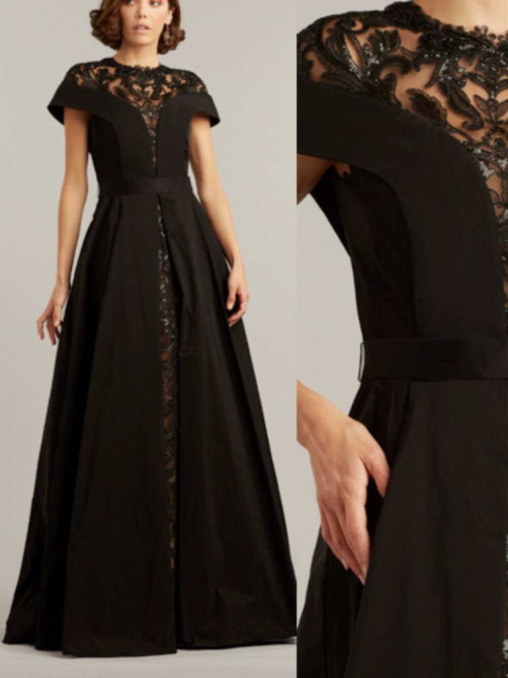 New Tadashi Shoji Mariora Plunging Illusion Gown Dress Black Size 8 BTN21245L